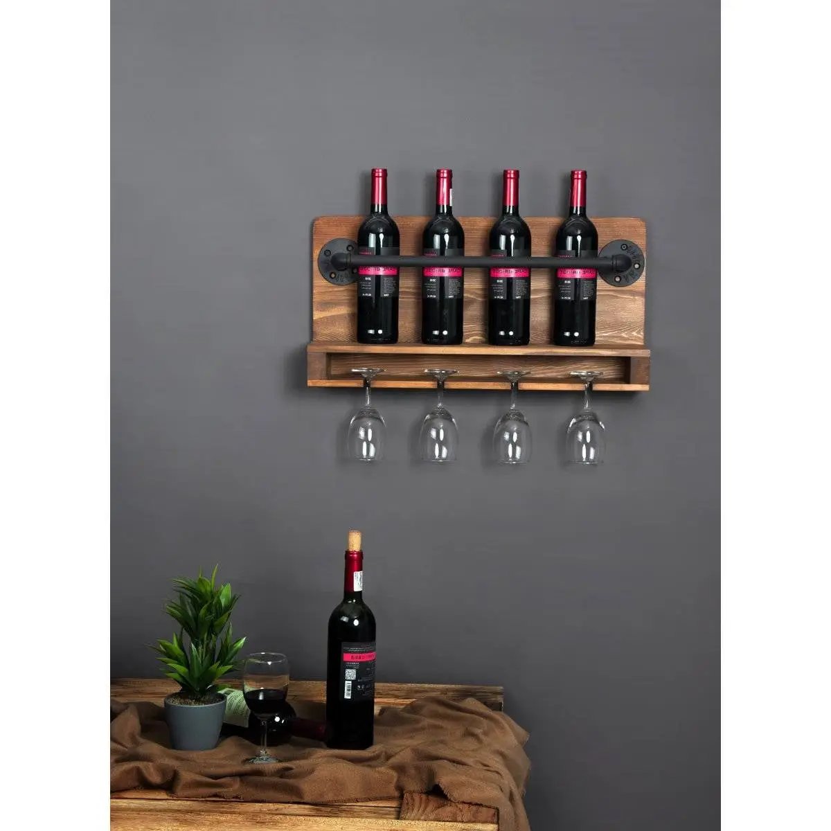 4 Bottle Rustic Farmhouse Wall Mounted Wine Rack with Glass Holder by HomePacific