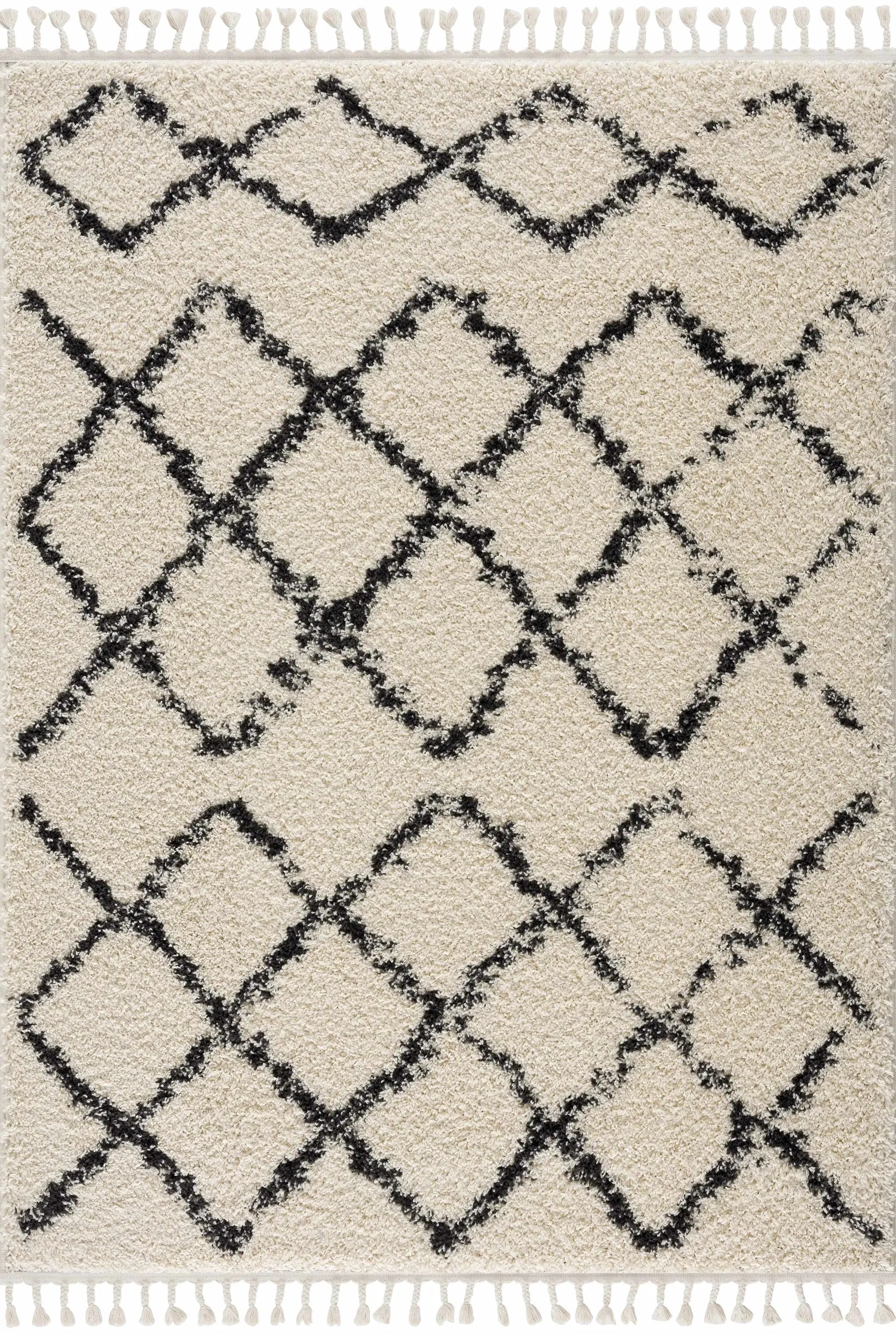 Wallagrass Beige/Black Trellis Tassel Shag by Hauteloom
