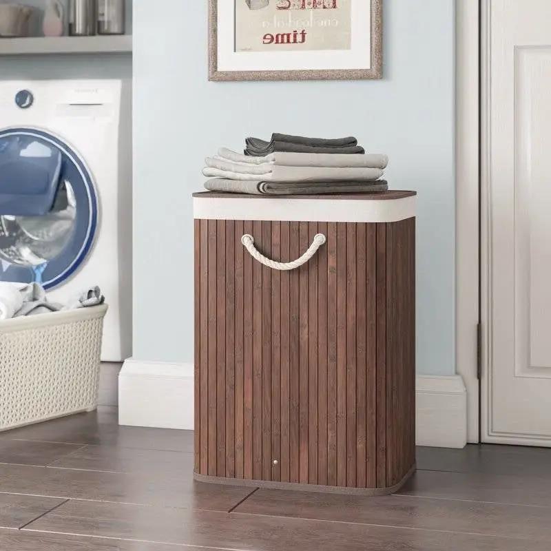 Brown Bamboo Laundry Hamper Dirty Clothes Basket with Lid and Removable Bag by HomePacific