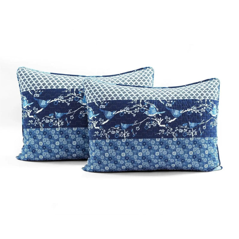 Full/Queen Navy White Light Blue Boho Floral Birds Reversible Quilt Set by HomePacific