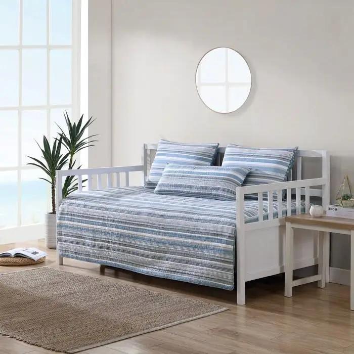 100-Percent Cotton Blue White Grey Nautical Stripes 4 Piece Daybed Cover Set by HomePacific