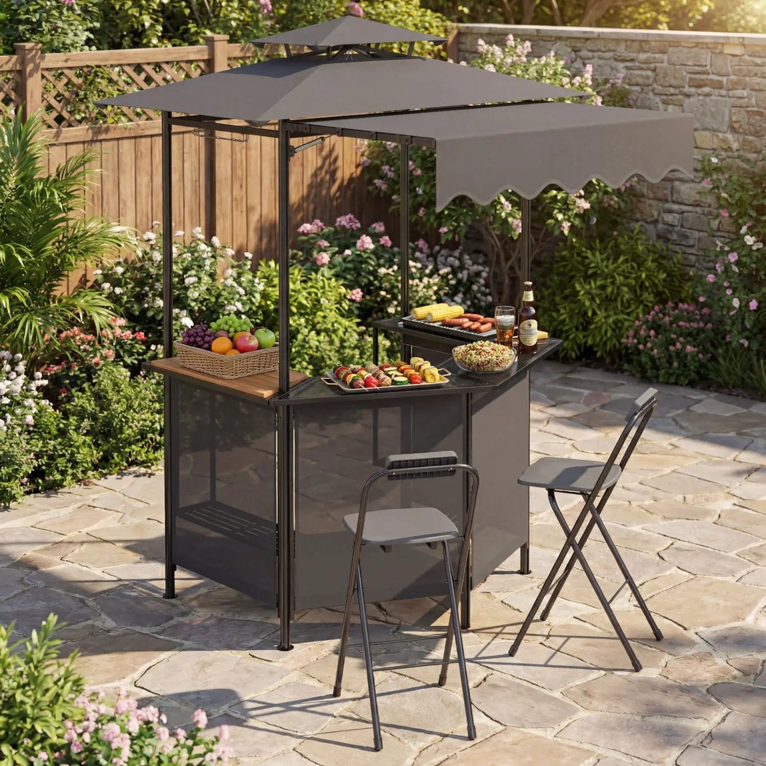 Grill Gazebo with Shelves, Hooks & Double Roof Canopy by DirectDeals