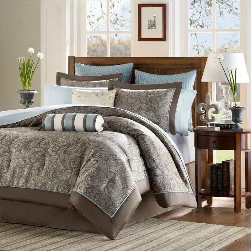 California King 12-piece Reversible Cotton Comforter Set in Brown and Blue by HomePacific