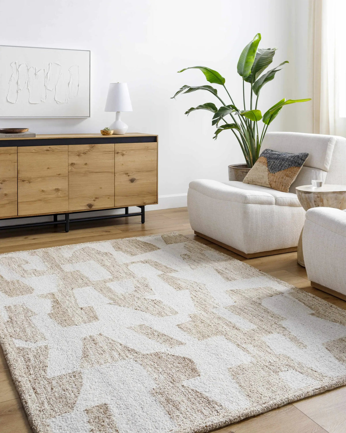 Brendy Beige Area Rug, installed in a room