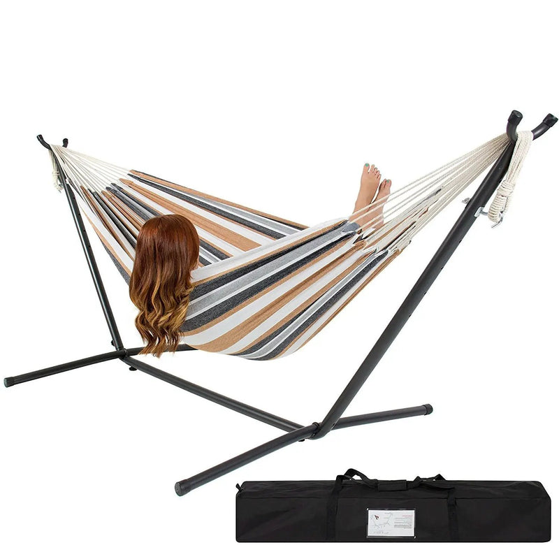 Portable Cotton Hammock in Desert Strip with Metal Stand and Carry Case by HomePacific