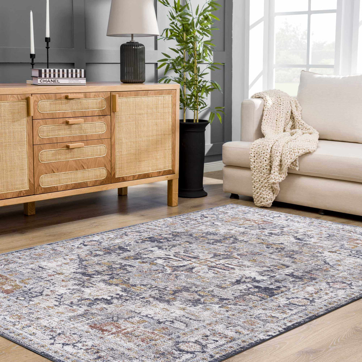 Ivria Navy & Rust Area Rug, installed in a room 6