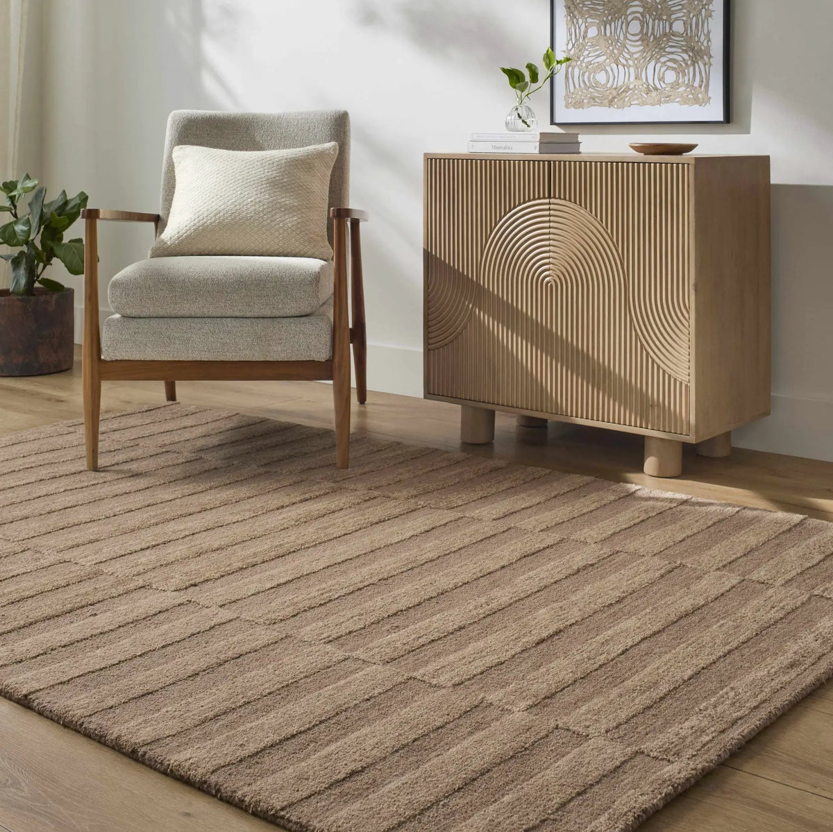 Idaho Broken-Striped Brown Area Rug, installed in a room