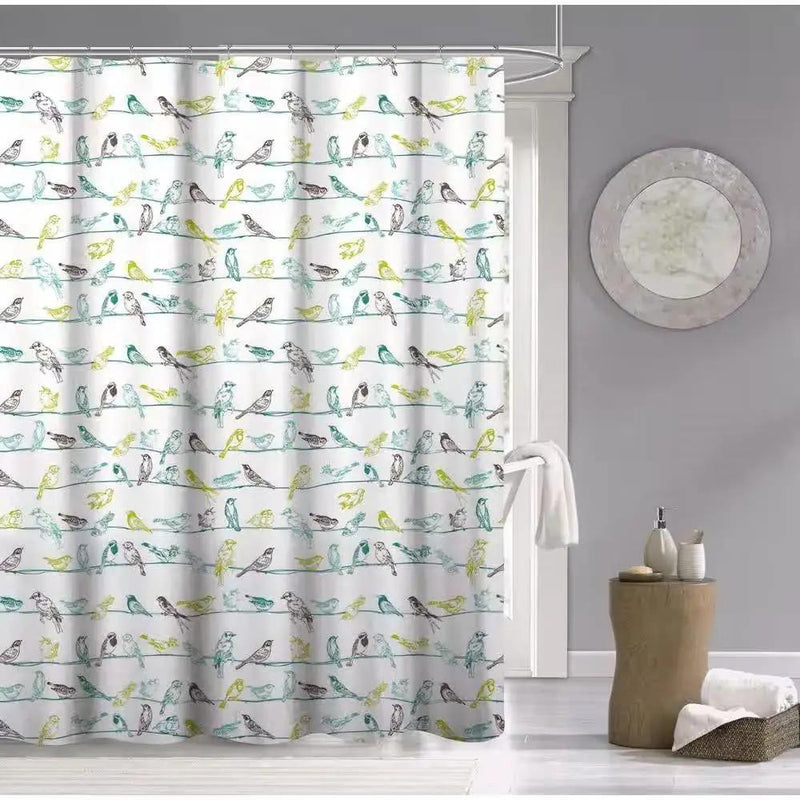 72-inch 100-Percent Cotton Fabric Shower Curtain with Teal Beige Black Birds by HomePacific