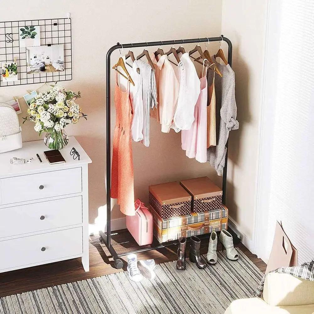 Simple Black Steel Tube Rolling Garment Clothes Rack with Bottom Mesh Shelf by HomePacific