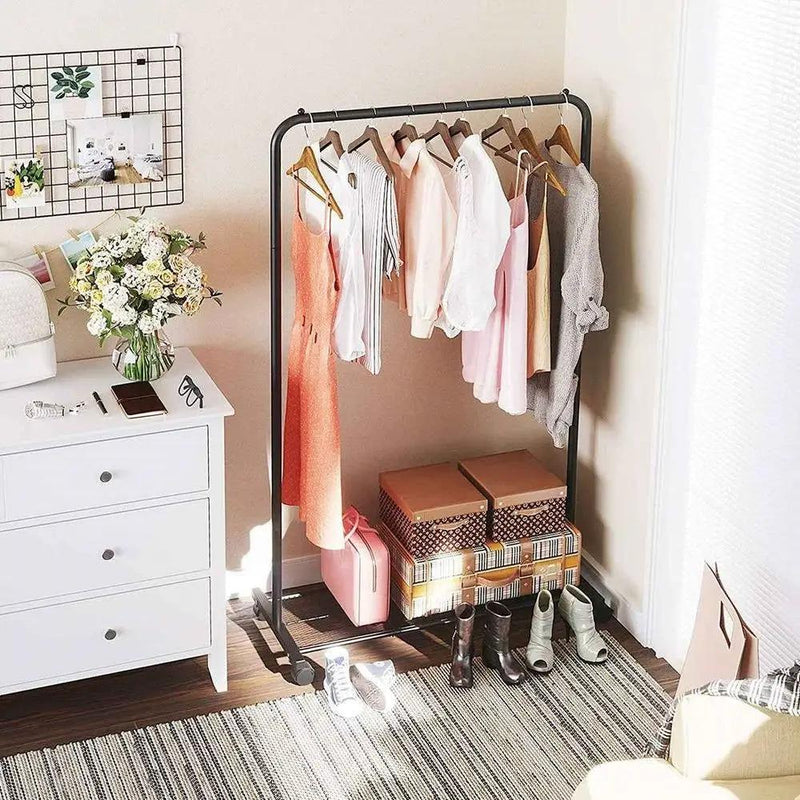 Simple Black Steel Tube Rolling Garment Clothes Rack with Bottom Mesh Shelf by HomePacific