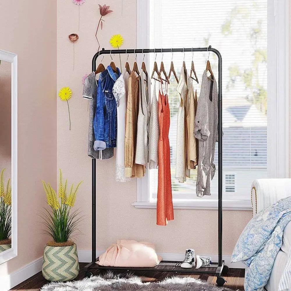 Simple Black Steel Tube Rolling Garment Clothes Rack with Bottom Mesh Shelf by HomePacific