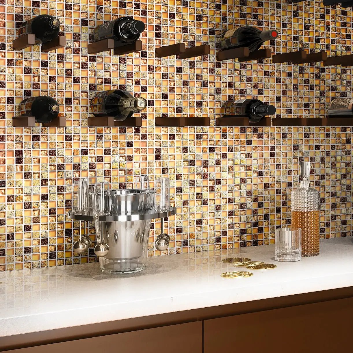 Beige Brown 12x12 Glossy Foiled Square Glass Resin Stone Mosaic Tile (5 pack, 4.75 sq ft/case) by Apollo Tile