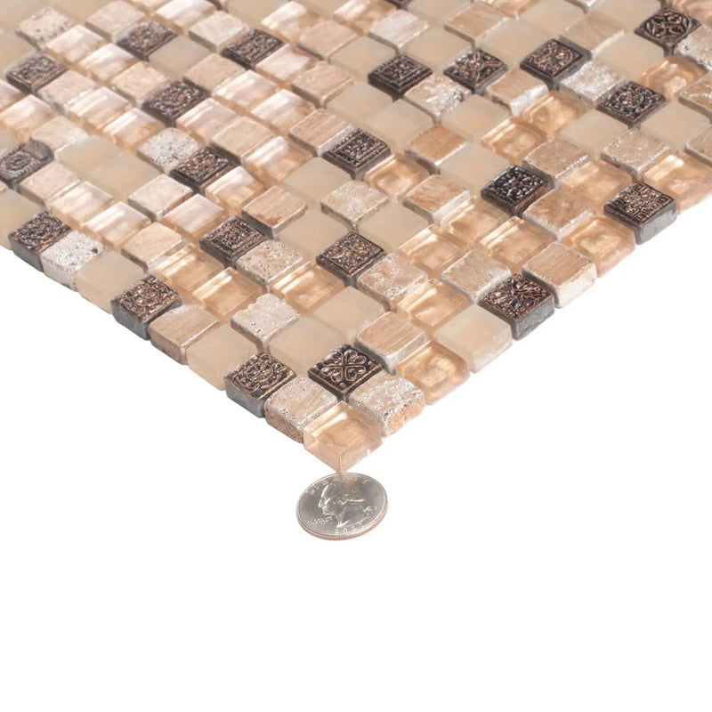 Beige Brown 12x12 Glossy Foiled Square Glass Resin Stone Mosaic Tile (5 pack, 4.75 sq ft/case) by Apollo Tile