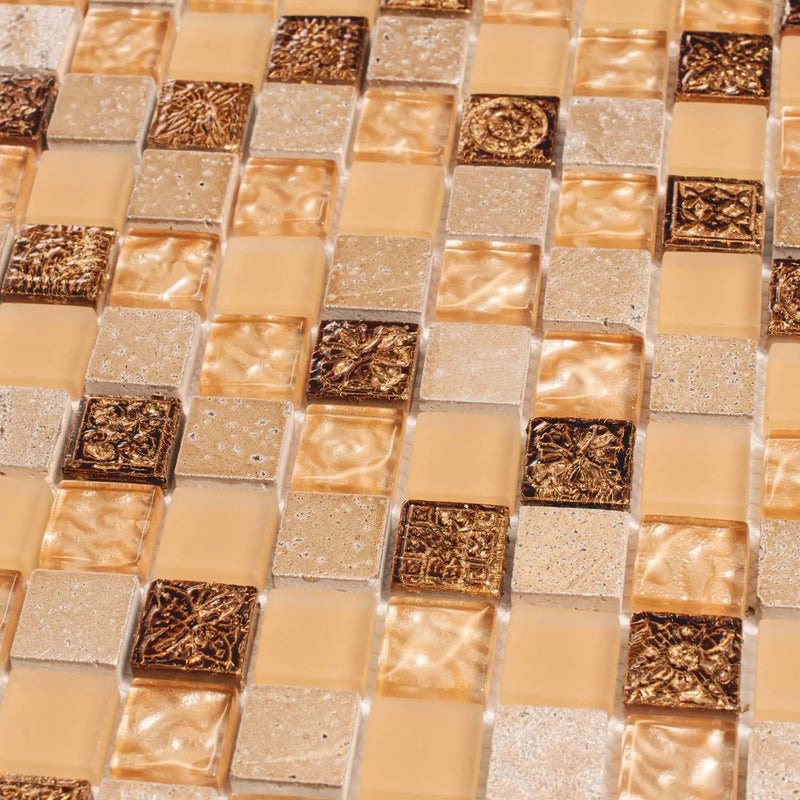 Beige 12x12 Glossy Foiled Square Glass Resin Stone Mosaic Tile (5 pack, 4.75 sq ft/case) by Apollo Tile