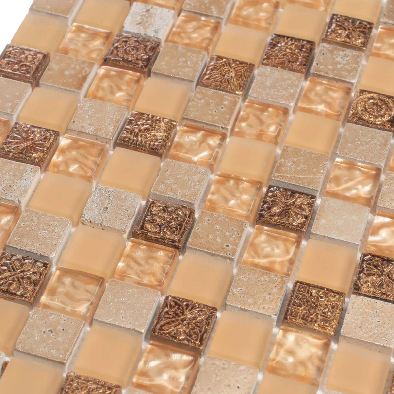 Beige 12x12 Glossy Foiled Square Glass Resin Stone Mosaic Tile (5 pack, 4.75 sq ft/case) by Apollo Tile