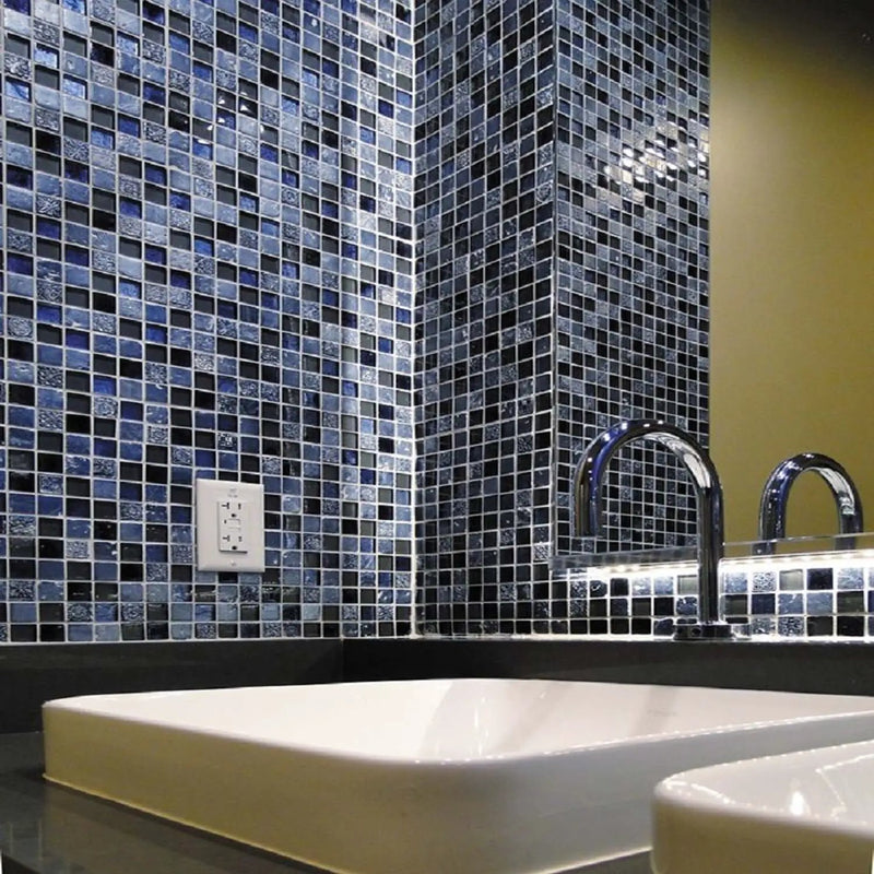 Gray Blue 12x12 Glossy Foiled Square Glass Resin Stone Mosaic Tile (5 pack, 4.75 sq ft/case) by Apollo Tile