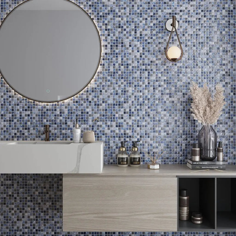 Gray Blue 12x12 Glossy Foiled Square Glass Resin Stone Mosaic Tile (5 pack, 4.75 sq ft/case) by Apollo Tile