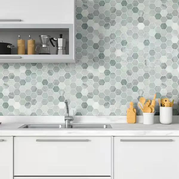 Open Box MSI Icelandic Green 2 in. Hexagon 12 in. x 12 in. x 0.38 in. Polished Marble Mesh-Mounted Mosaic Tile (9.8 sq. ft./case) by Selzalot