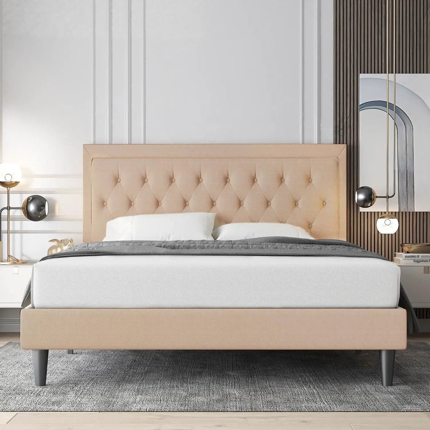 Full size Beige Linen Platform Bed Frame with Button Tufted Headboard by HomePacific