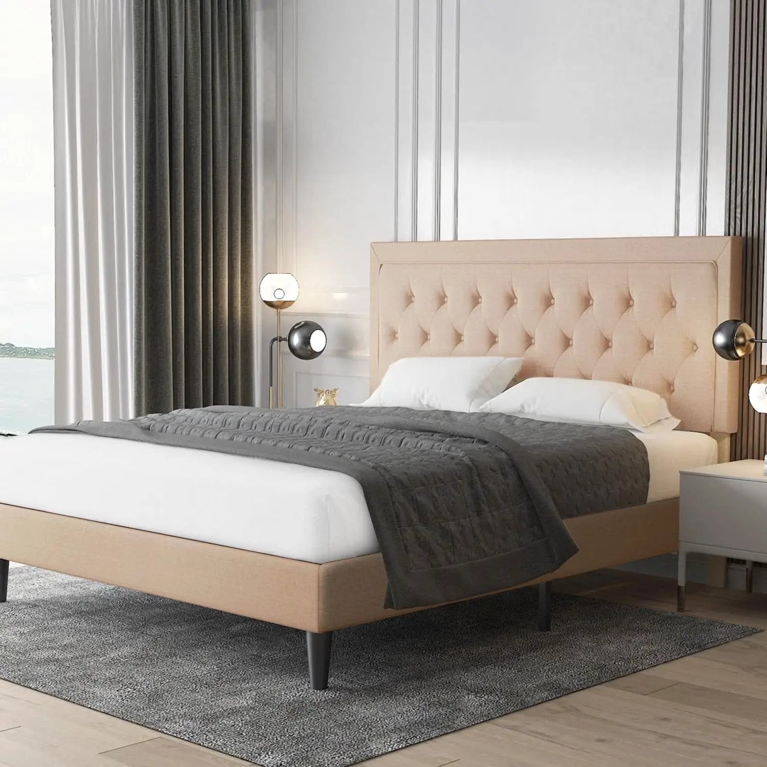 Full size Beige Linen Platform Bed Frame with Button Tufted Headboard by HomePacific