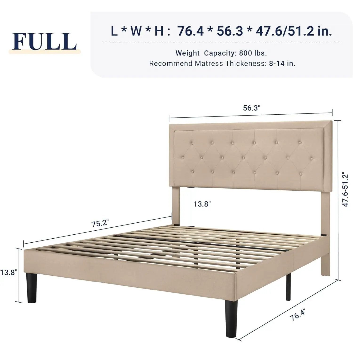 Full size Beige Linen Platform Bed Frame with Button Tufted Headboard by HomePacific