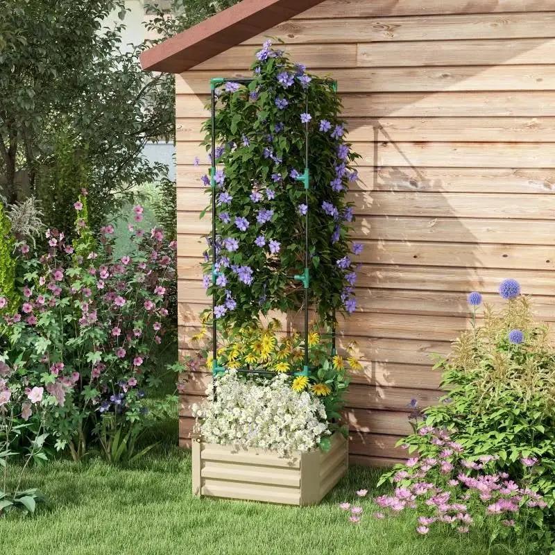 Beige Galvanized Open Bottom Raised Garden Bed Planter with Tomato Cage Trellis by HomePacific