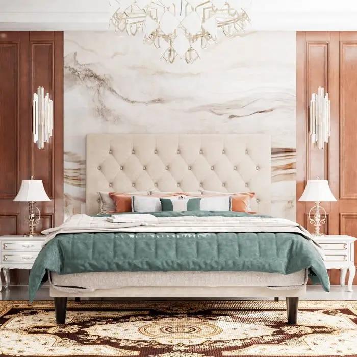 King Size Beige Linen Upholstered Platform Bed with Button-Tufted Headboard by HomePacific