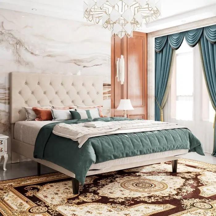 King Size Beige Linen Upholstered Platform Bed with Button-Tufted Headboard by HomePacific