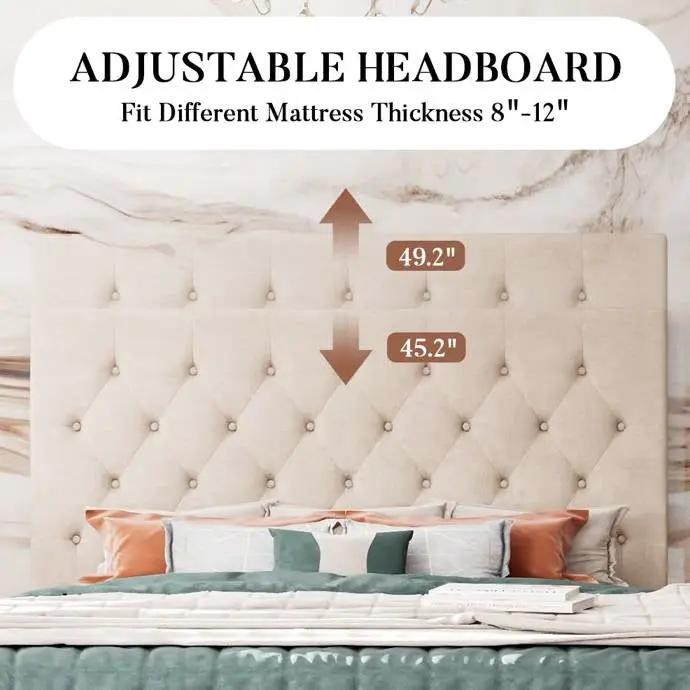 King Size Beige Linen Upholstered Platform Bed with Button-Tufted Headboard by HomePacific