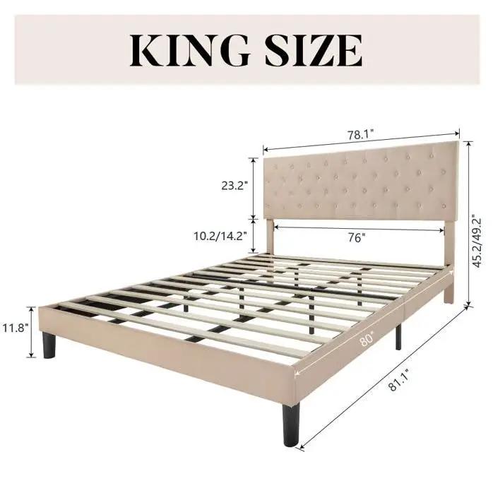 King Size Beige Linen Upholstered Platform Bed with Button-Tufted Headboard by HomePacific