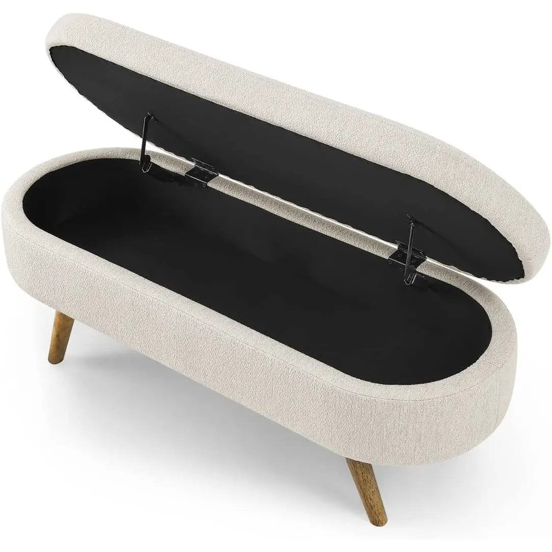 Mid-Century Modern Boho Style Off-White Beige Linen Bedroom Storage Bed Bench by HomePacific