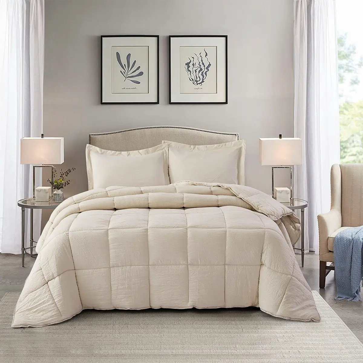 Queen Size Beige 3 Piece Microfiber Reversible Comforter Set by HomePacific