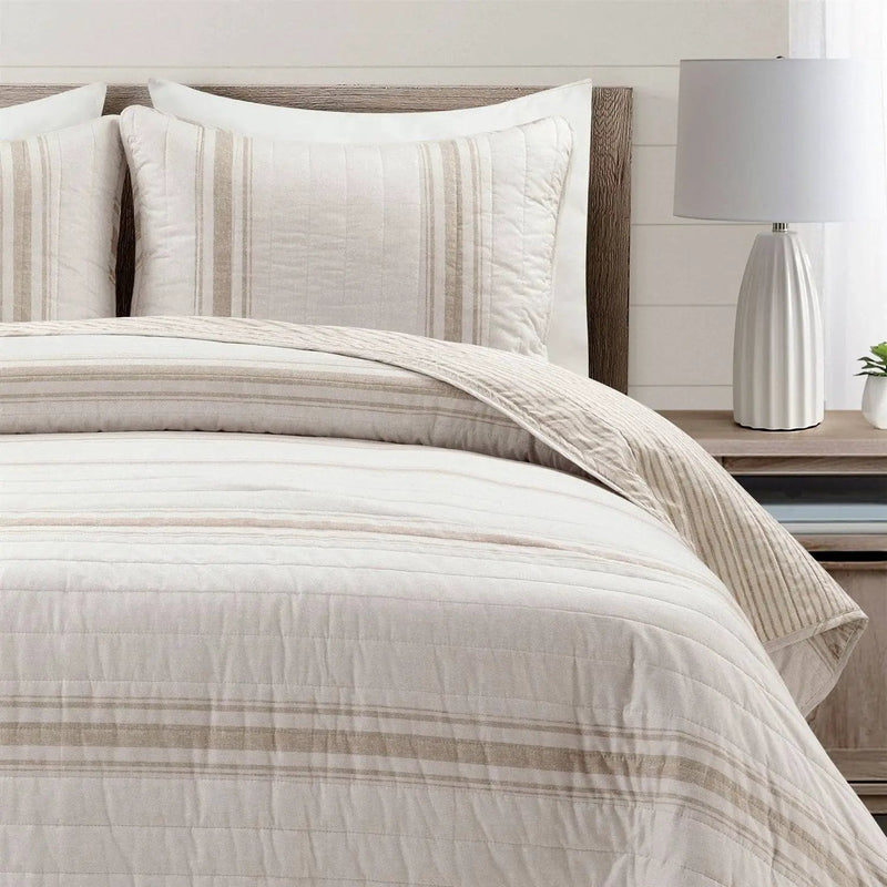 Twin/Twin XL Beige Off-White Cream Stripe 2-Piece Reversible Cotton Quilt Set by HomePacific