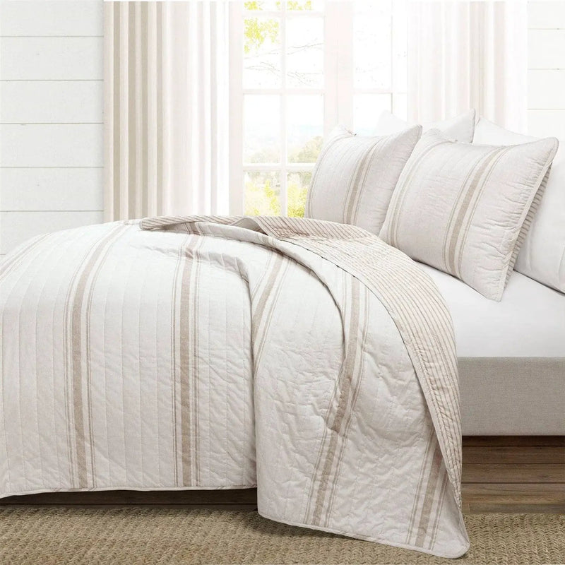 Twin/Twin XL Beige Off-White Cream Stripe 2-Piece Reversible Cotton Quilt Set by HomePacific