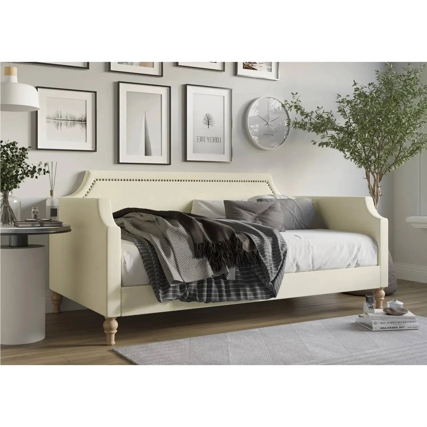 Twin size Beige Cream Polyester Fabric Upholstered Daybed with Nailhead Trim by HomePacific