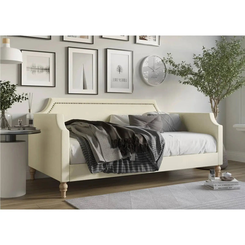 Twin size Beige Cream Polyester Fabric Upholstered Daybed with Nailhead Trim by HomePacific