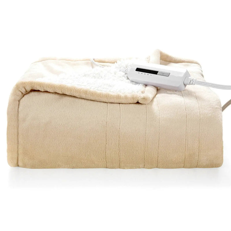 Heated Electric Sherpa Throw Blanket in Beige/White by HomePacific