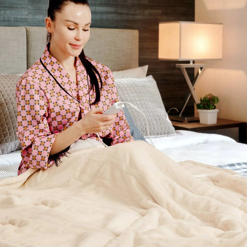 Heated Electric Sherpa Throw Blanket in Beige/White by HomePacific