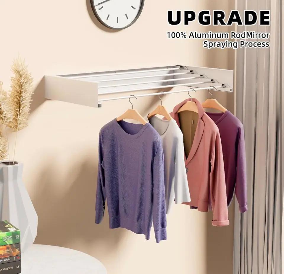 Open box ZMBESUP Laundry Drying Rack Collapsible, Wall Mounted, Clothes Drying Rack, 31.5" Wide, 13.2 Linear Ft, 5 Aluminum Rods, 60 lb Capacity, Laun by Selzalot