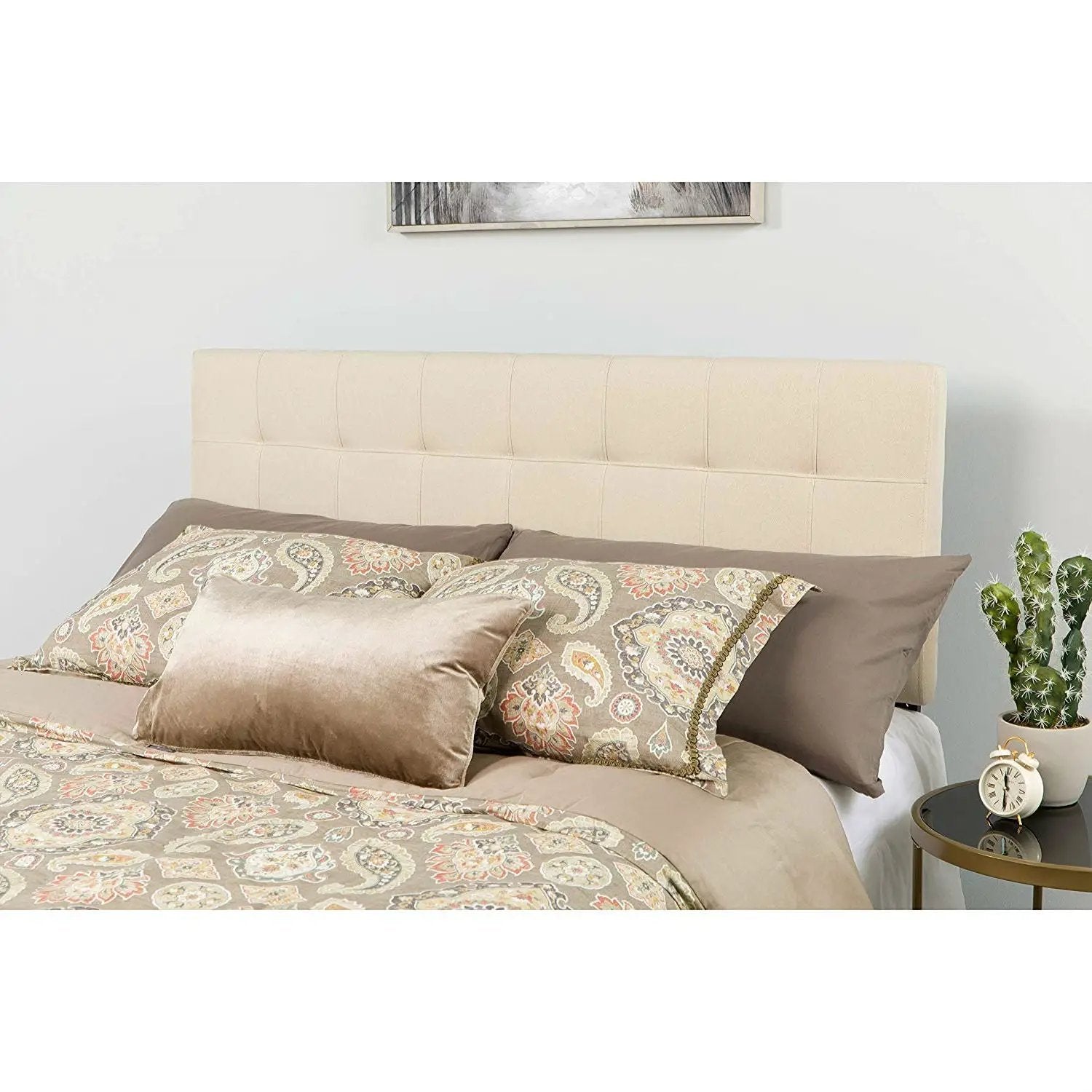 Full size Beige Taupe Fabric Box-Stitch Upholstered Headboard by HomePacific
