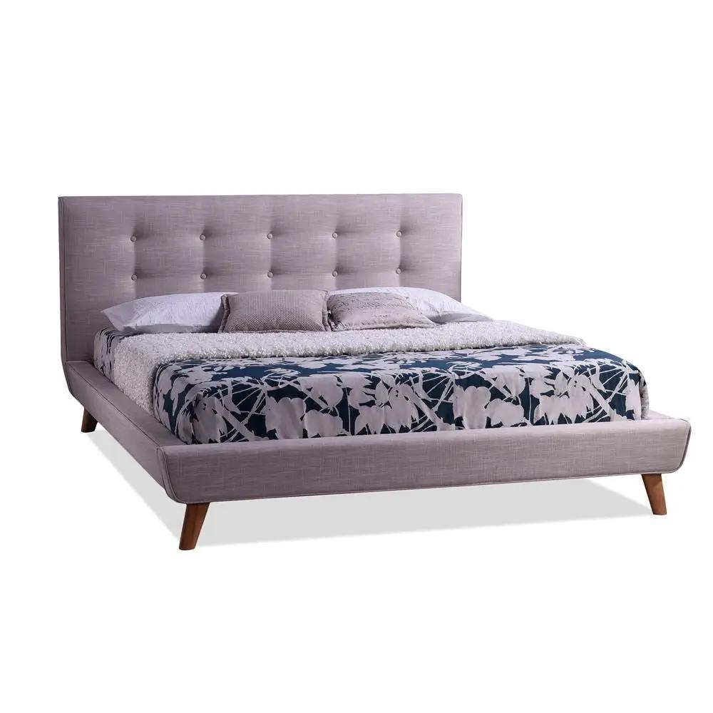 Full size Beige Linen Upholstered Platform Bed with Button Tufted Headboard by HomePacific