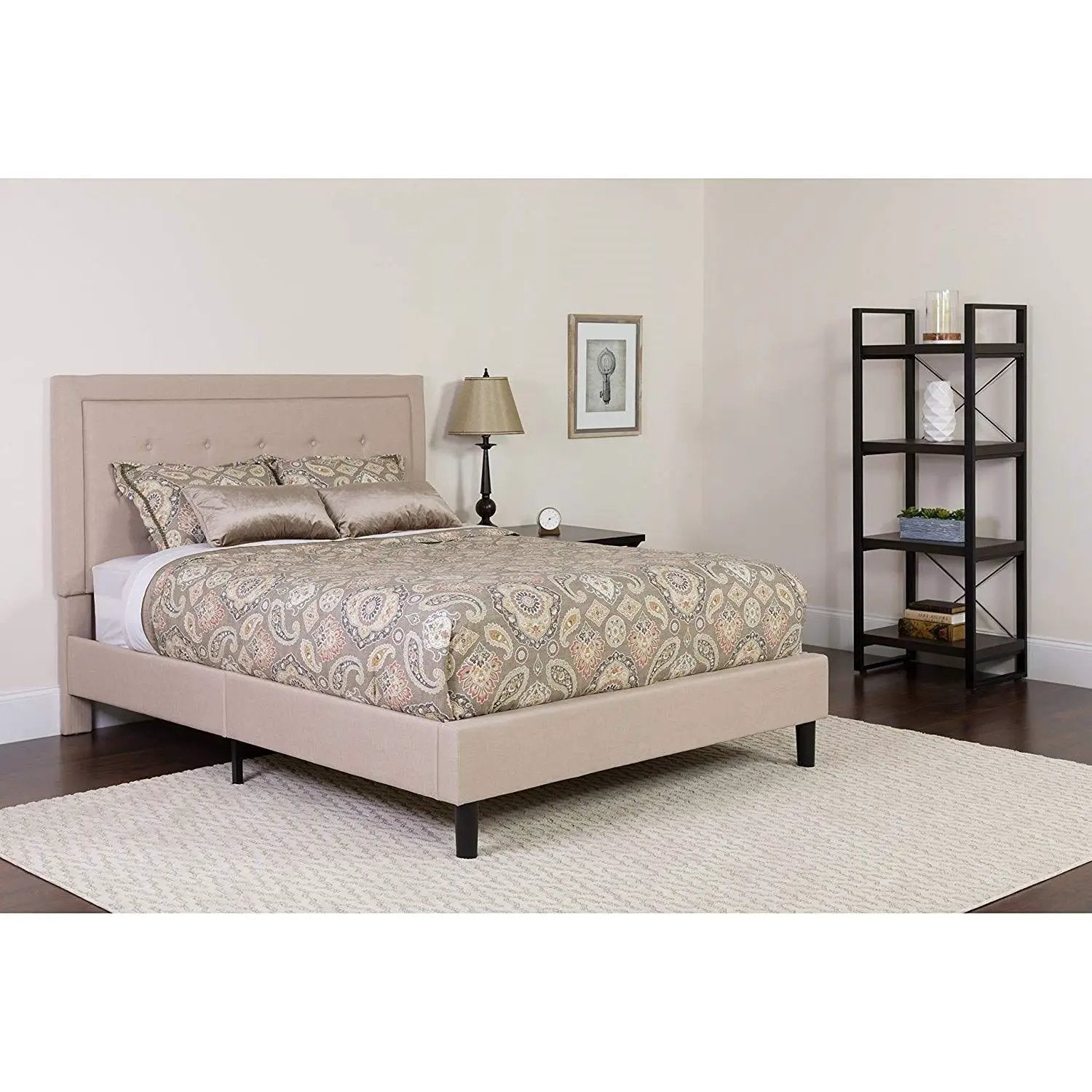 Full Beige Fabric Upholstered Platform Bed Frame with Tufted Headboard by HomePacific