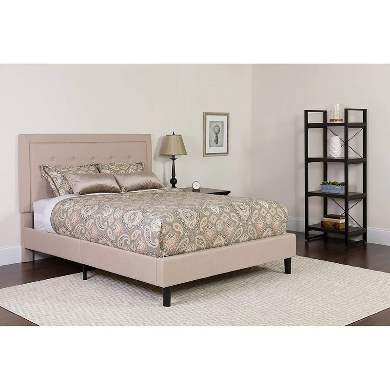 Full Beige Fabric Upholstered Platform Bed Frame with Tufted Headboard by HomePacific