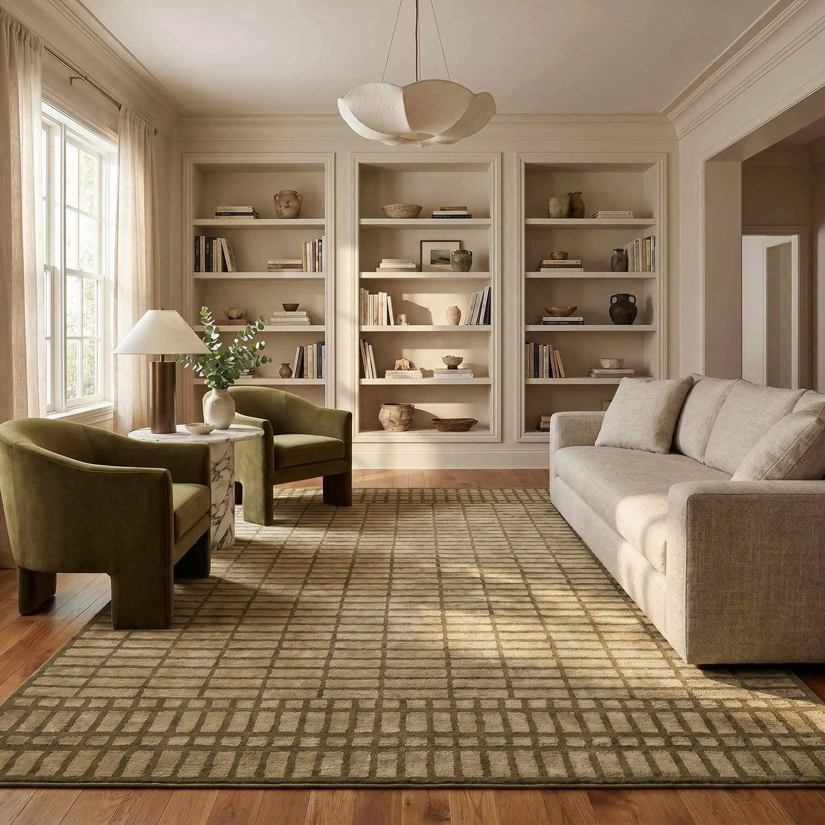 Gareth Olive Grid Area Rug, installed in a room