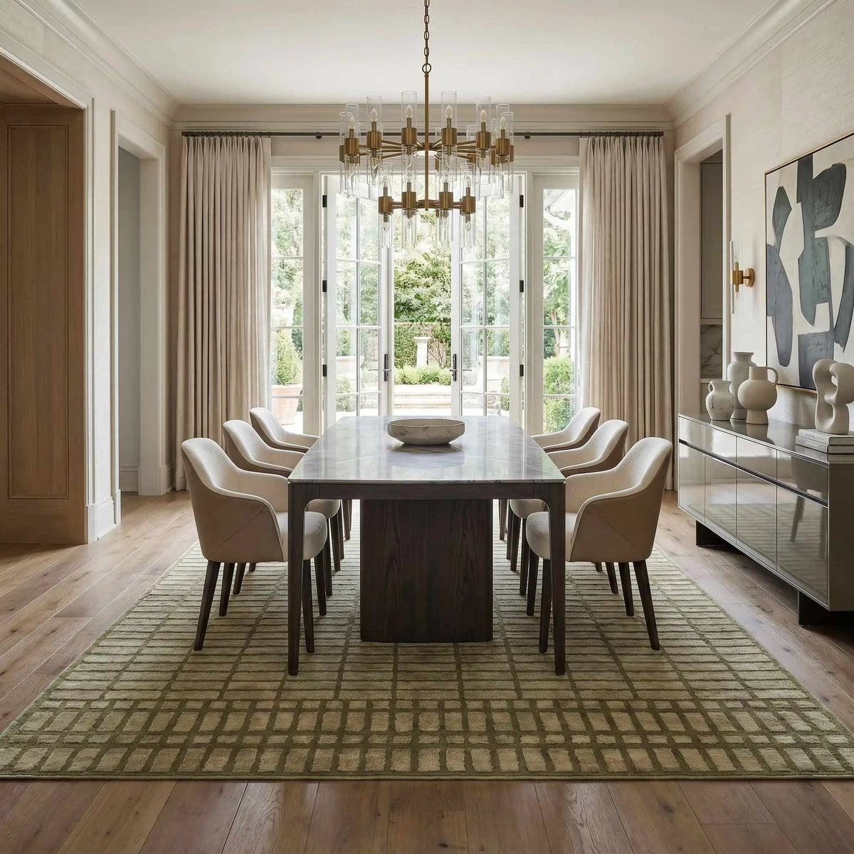 Gareth Olive Grid Area Rug, installed in a room 2