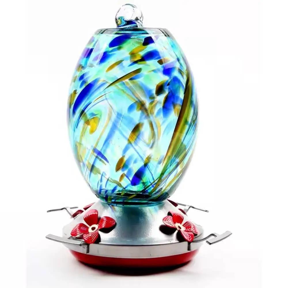 Blue Blown Glass Hummingbird Feeder with Perch and 4 Feeding Ports by HomePacific