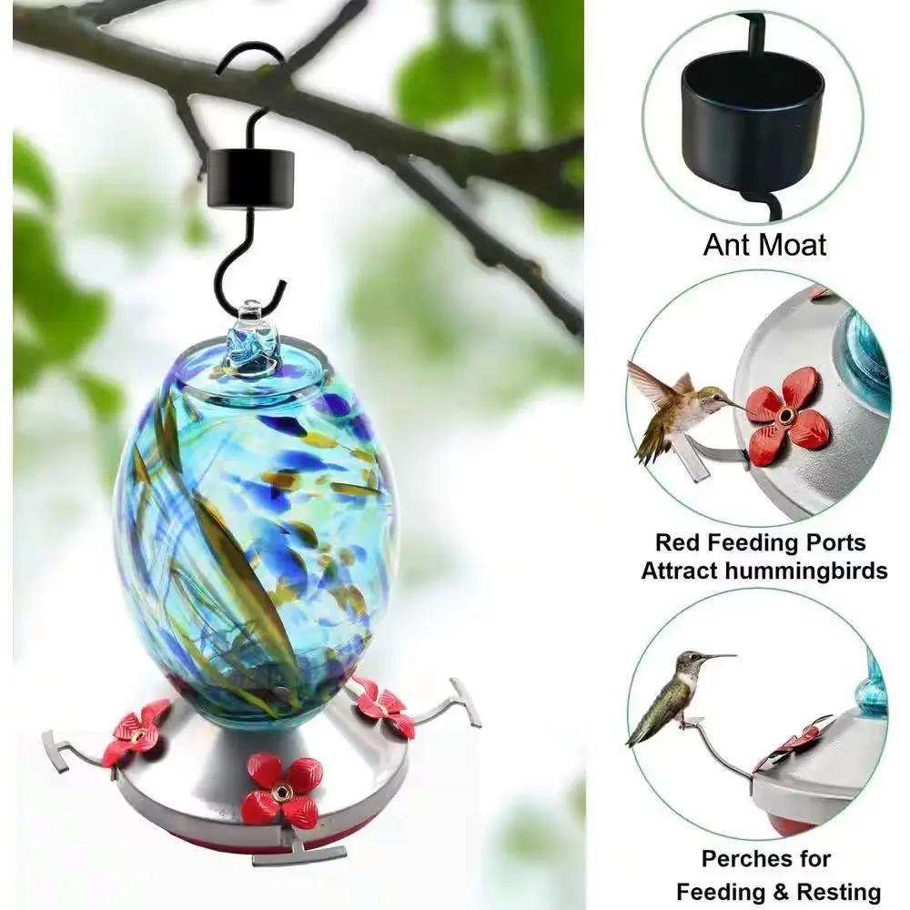 Blue Blown Glass Hummingbird Feeder with Perch and 4 Feeding Ports by HomePacific
