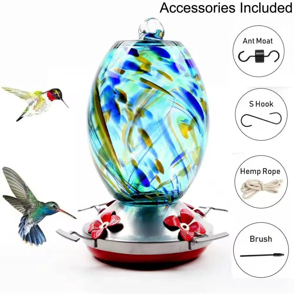 Blue Blown Glass Hummingbird Feeder with Perch and 4 Feeding Ports by HomePacific