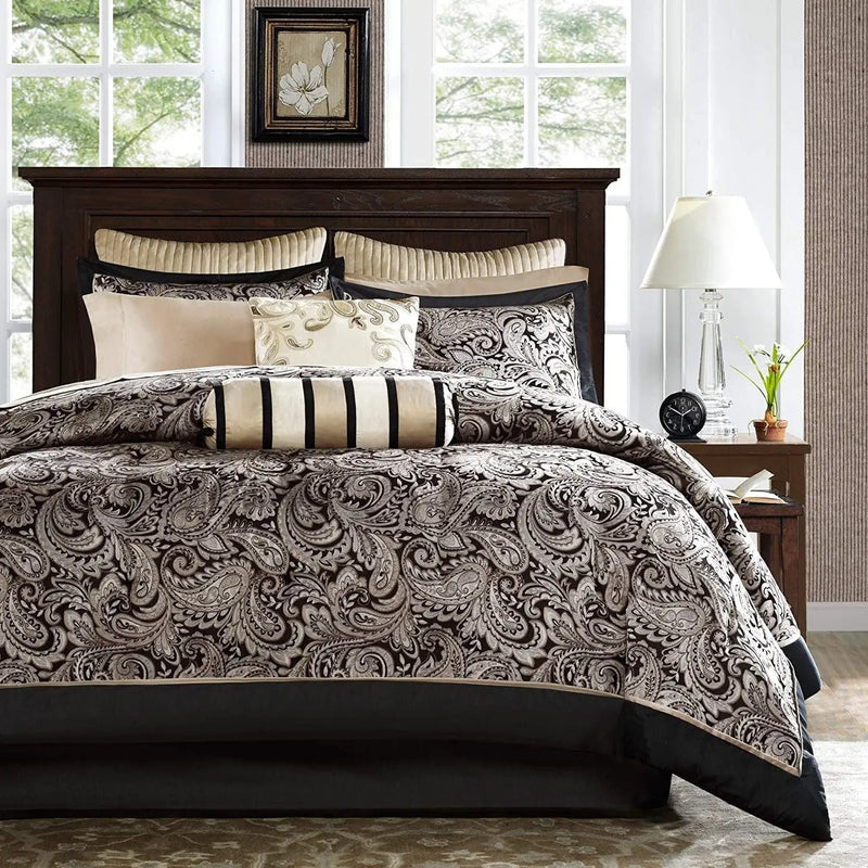 King 12 Piece Cotton Polyester Comforter Set Black Gold Paisley by HomePacific