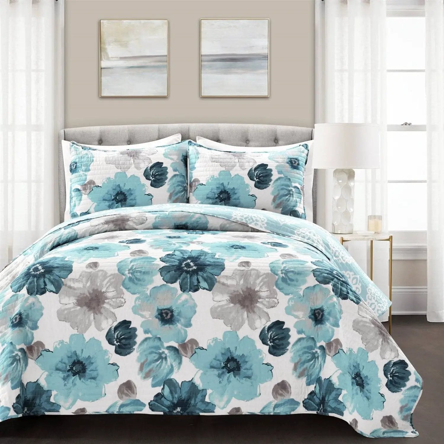 Full/Queen Blue Grey Flowers Lightweight Polyester Microfiber Quilt Set by HomePacific